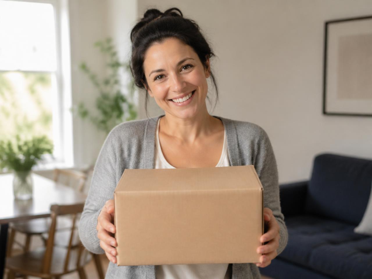 Une cliente KOLIMOVE souriante reçoit son colis chez elle